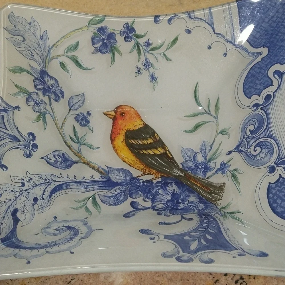 Decoupage decorative bird glass dish bowl blue white grand millennial 10 1/2” sq